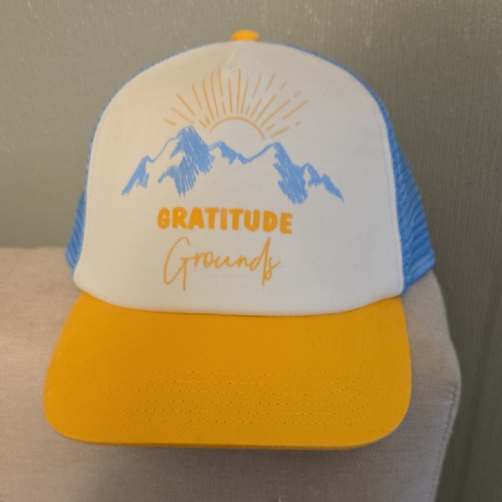 Gratitude Grounds Blue and Yellow Trucker Hat